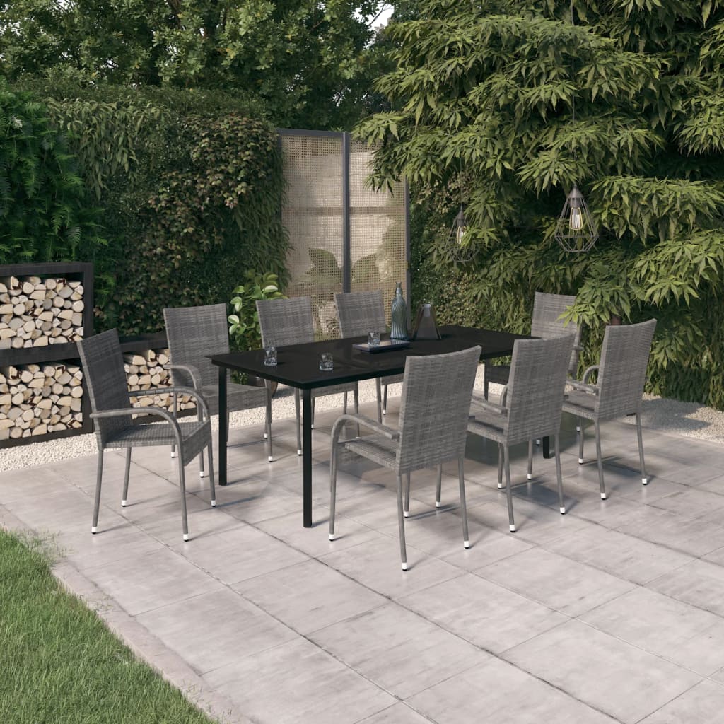 Set da Pranzo per Giardino 9 pz con Cuscini Grigio e Nero - homemem39
