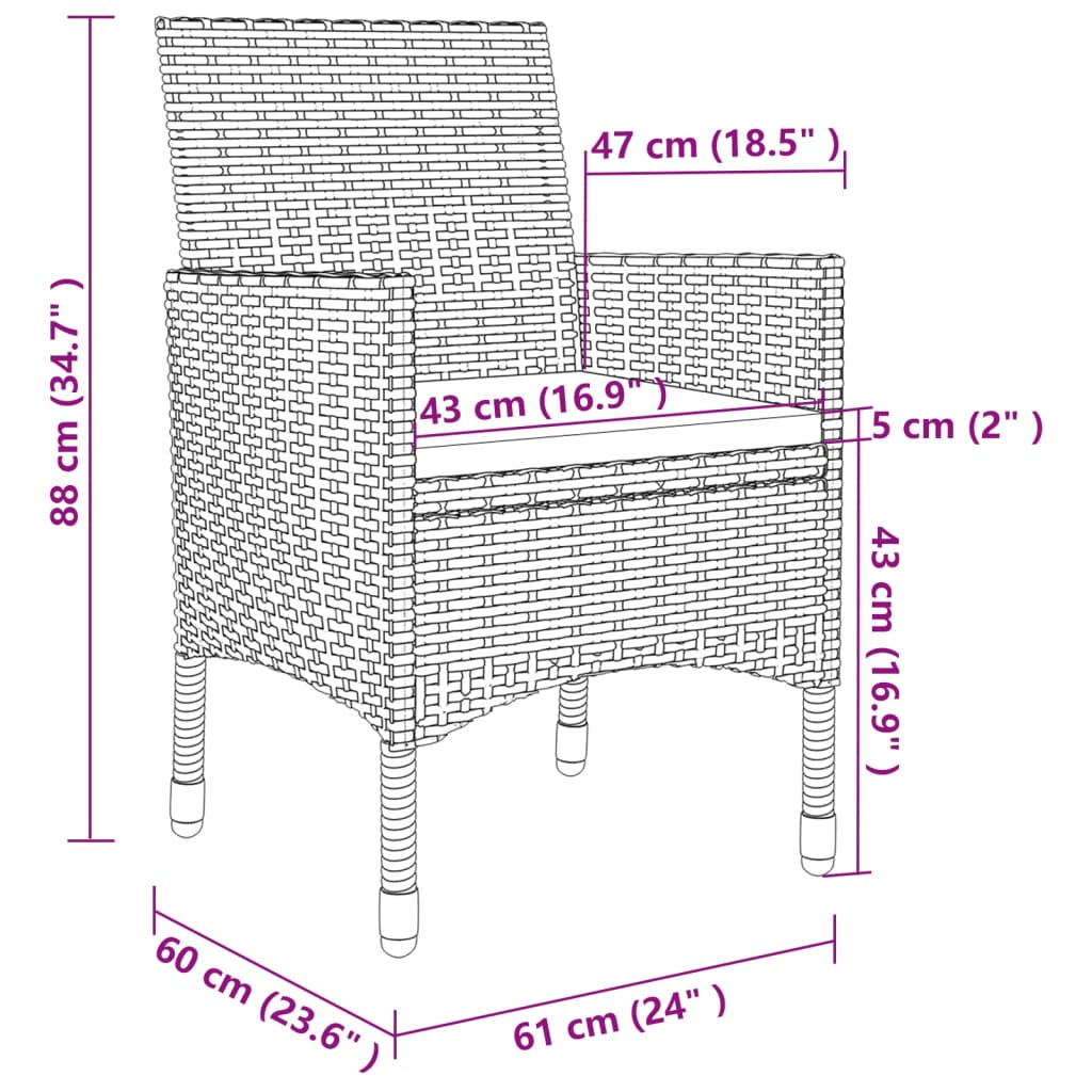 Set da Pranzo da Giardino 3 pz con Cuscini Polyrattan e Vetro