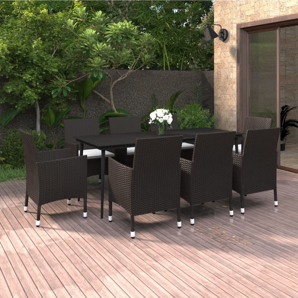 Set da Pranzo per Giardino 9 pz con Cuscini Polyrattan e Vetro | homemem39
