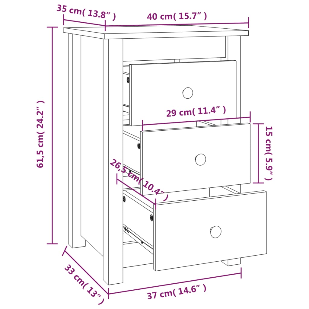 Comodini 2 pz ambra 40x35x61,5 cm in Legno Massello di Pino
