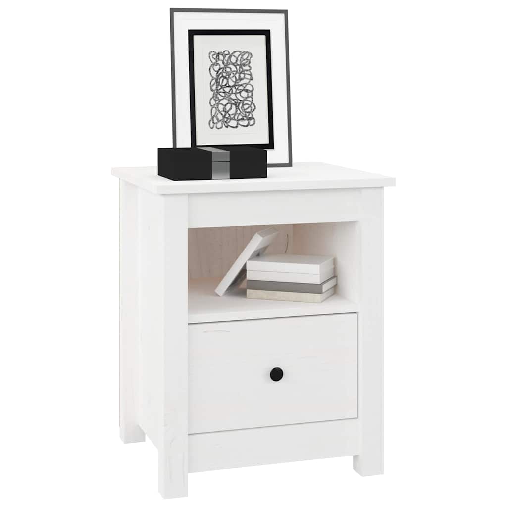 Comodino Bianco 40x35x49 cm in Legno Massello di Pino