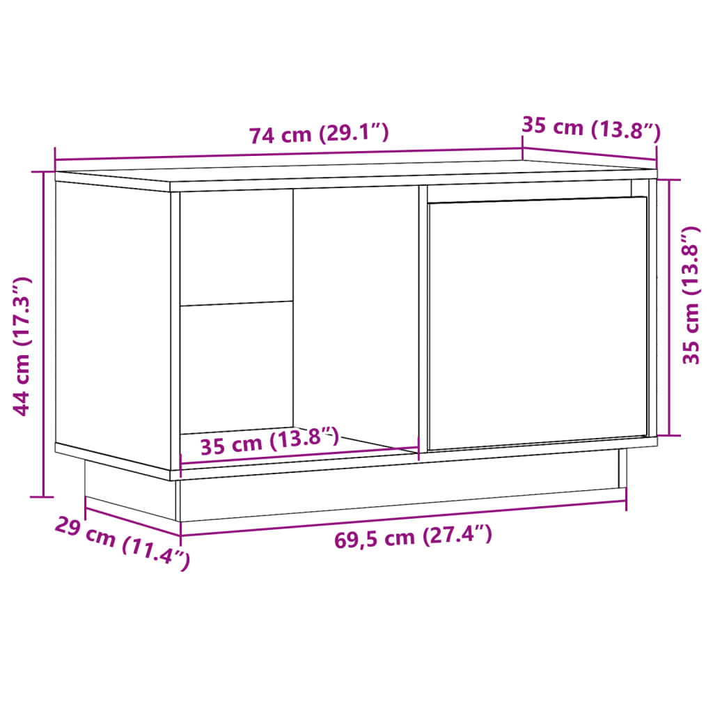 Mobile Porta TV Bianco 74x35x44 cm in Legno Massello di Pino