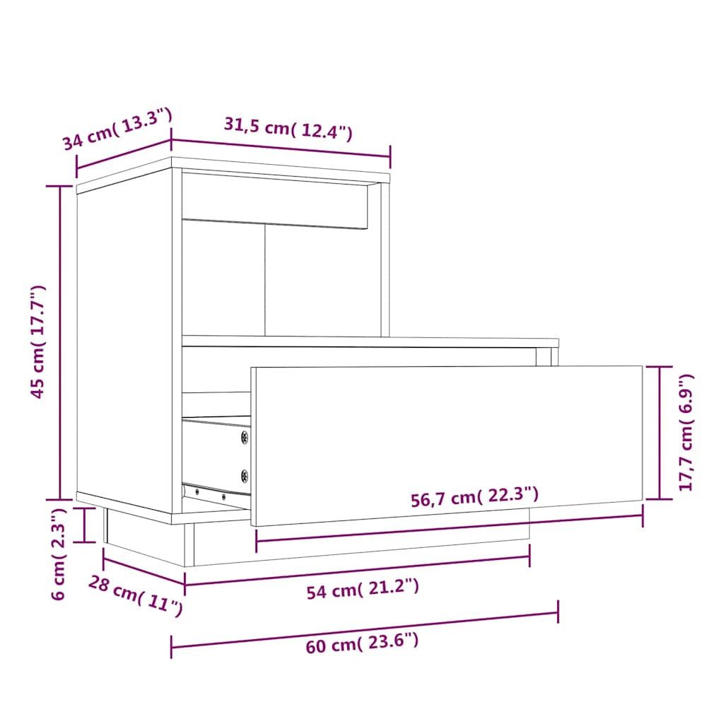 Comodino Bianco 60x34x51 cm in Legno Massello di Pino - homemem39