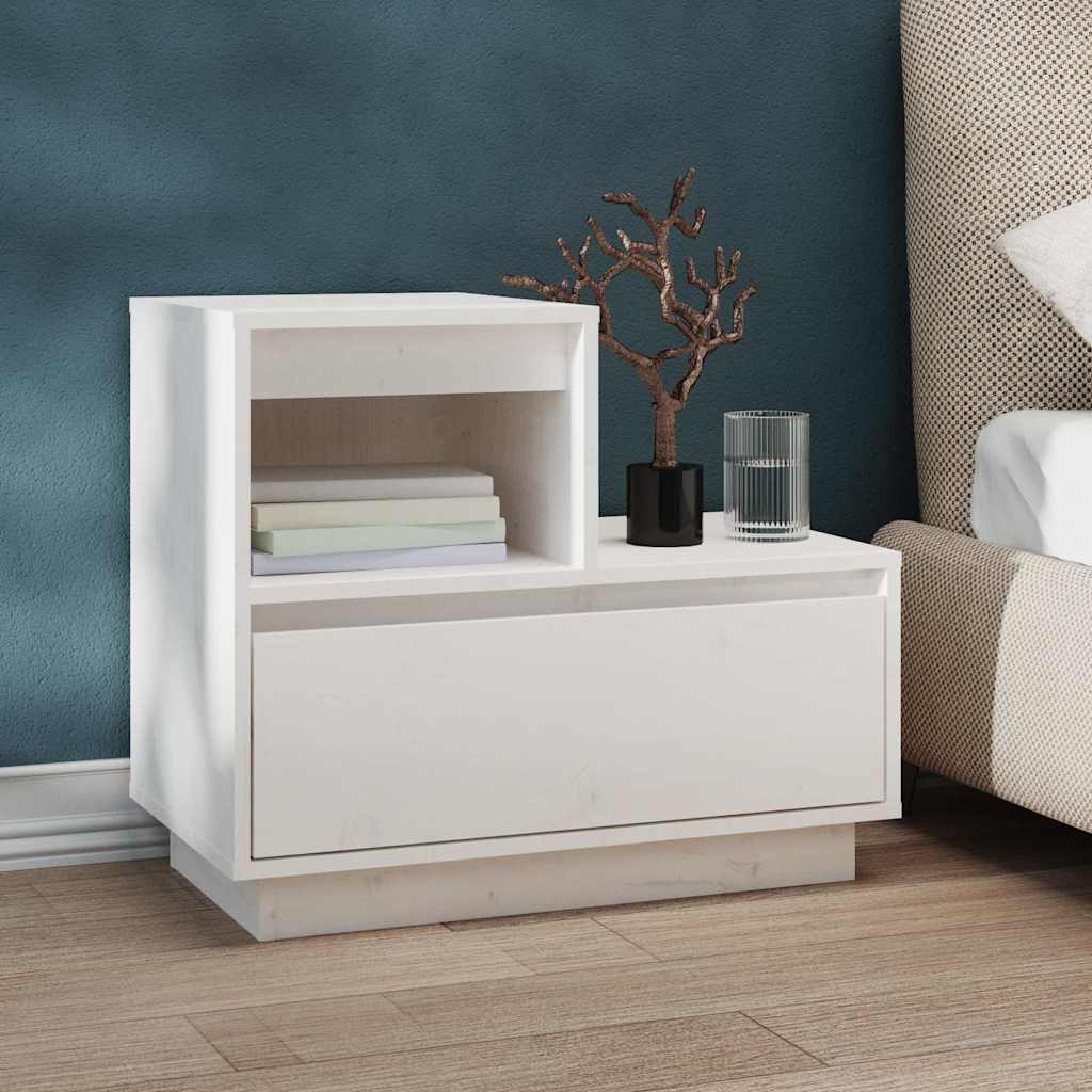 Comodino Bianco 60x34x51 cm in Legno Massello di Pino - homemem39