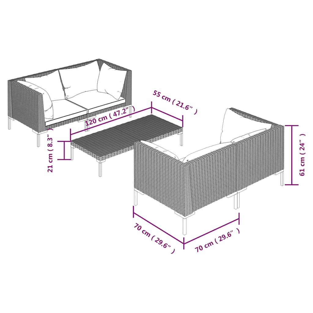 Divani da Giardino 5 pz con Cuscini in Polyrattan Grigio Scuro