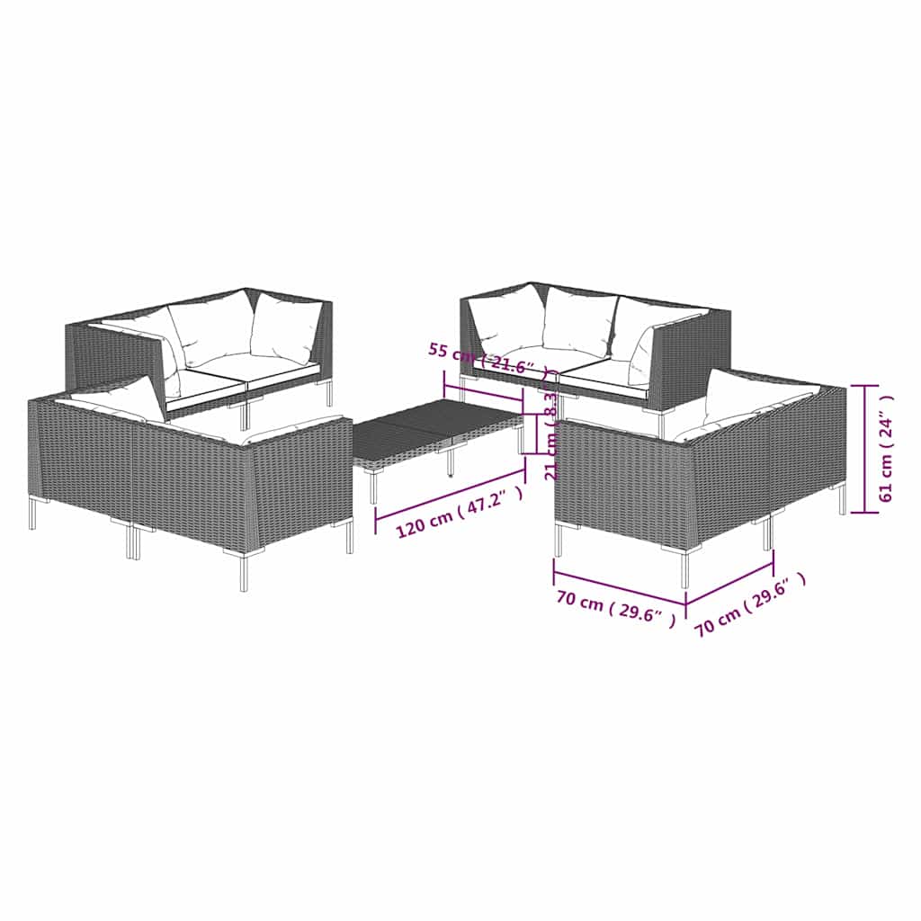 Set Divani Giardino 9 pz con Cuscini in Polyrattan Grigio Scuro