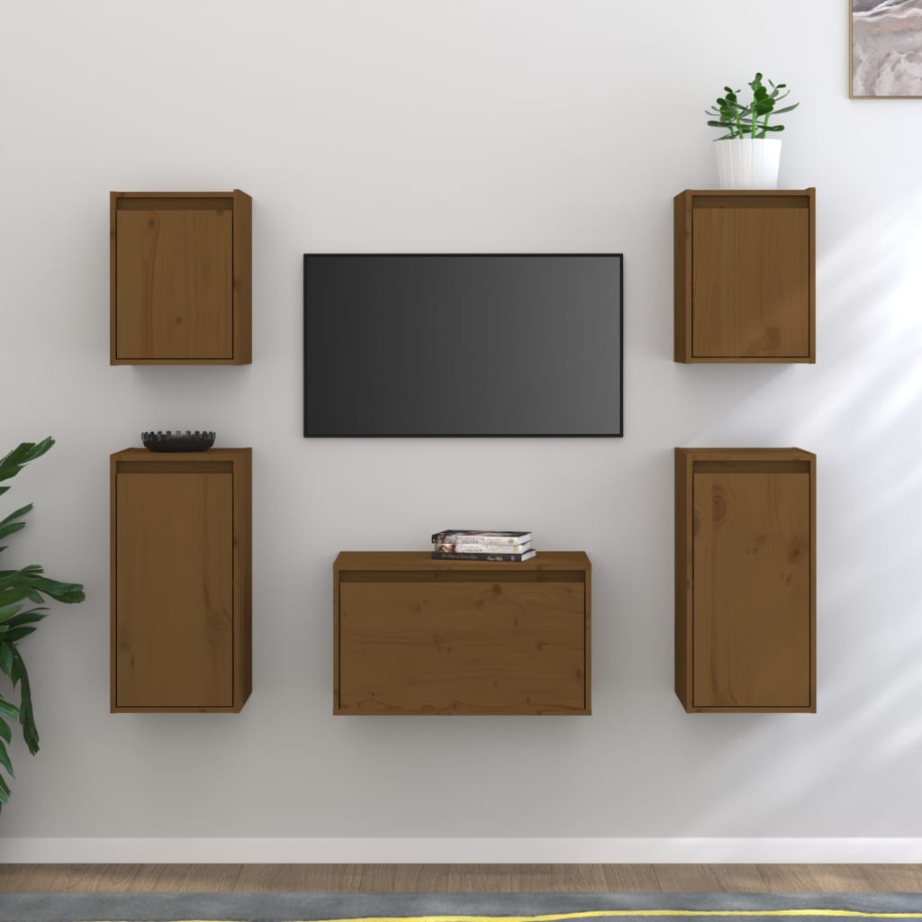Mobili Porta TV 5 pz ambra in Legno Massello di Pino