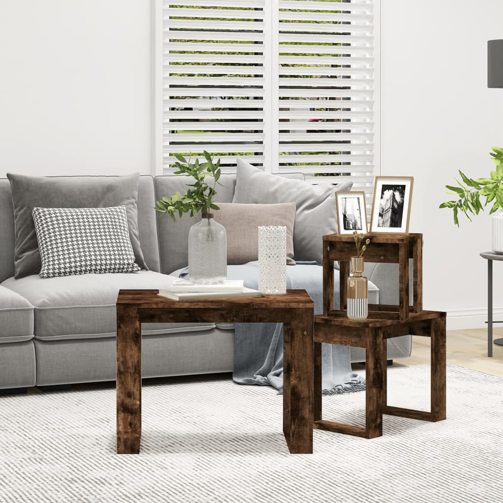 Tavolini Impilabili 3 pz Rovere Fumo in Legno Multistrato | homemem39