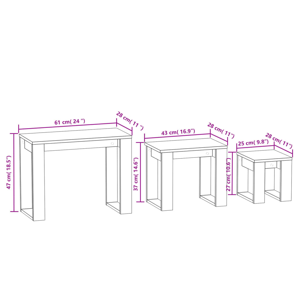 Tavolini Impilabili 3 pz Rovere Fumo in Legno Multistrato | homemem39