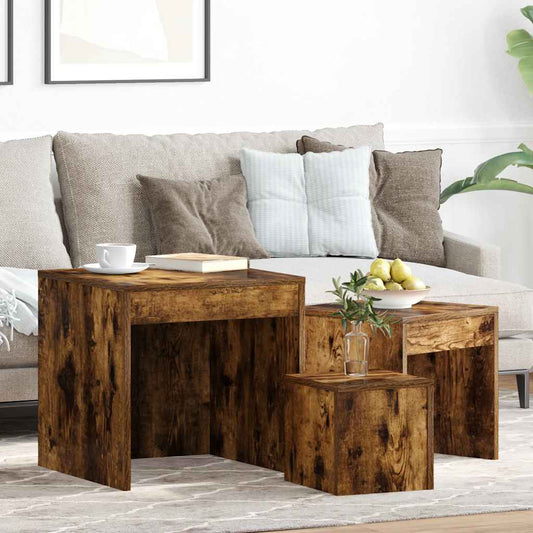 Tavolini Impilabili 3 pz Rovere Fumo in Legno Multistrato - homemem39