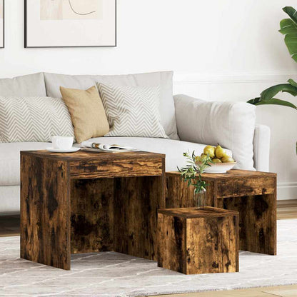 Tavolini Impilabili 3 pz Rovere Fumo in Legno Multistrato