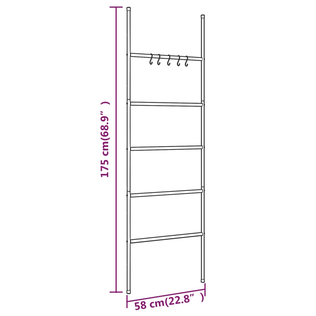 Scala Porta Asciugamani con 5 Livelli Nera 58x175 cm in Ferro