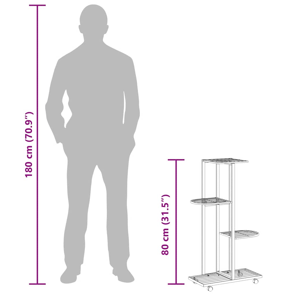 Fioriera a 4 Piani con Ruote 44x23x80 cm Ferro Nero