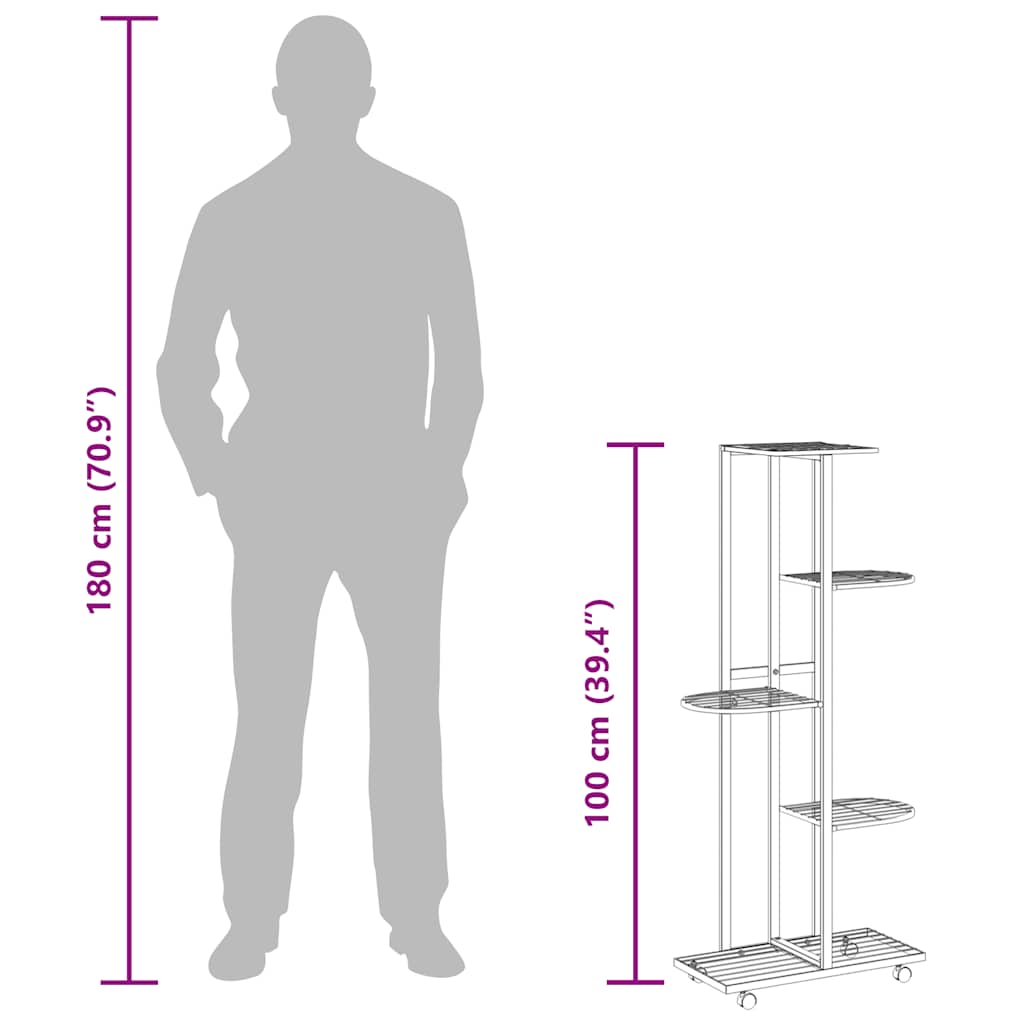 Fioriera a 5 Piani con Ruote 44x23x100 cm Ferro Nero