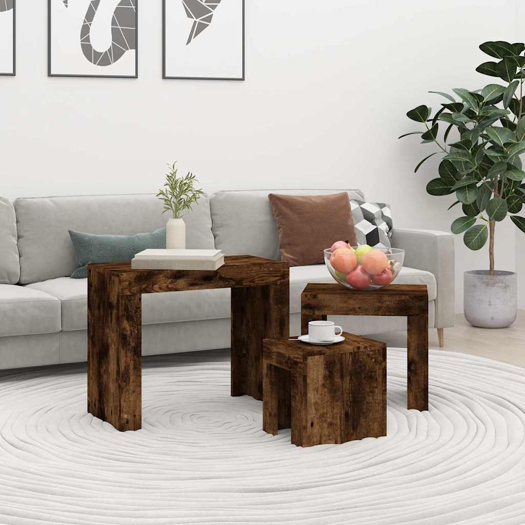 Tavolini Impilabili 3 pz Rovere Fumo in Legno Multistrato | homemem39