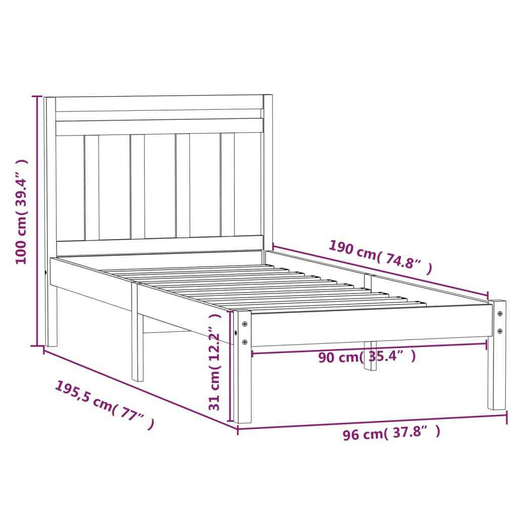 Single bed frame 90x190 cm in solid wood