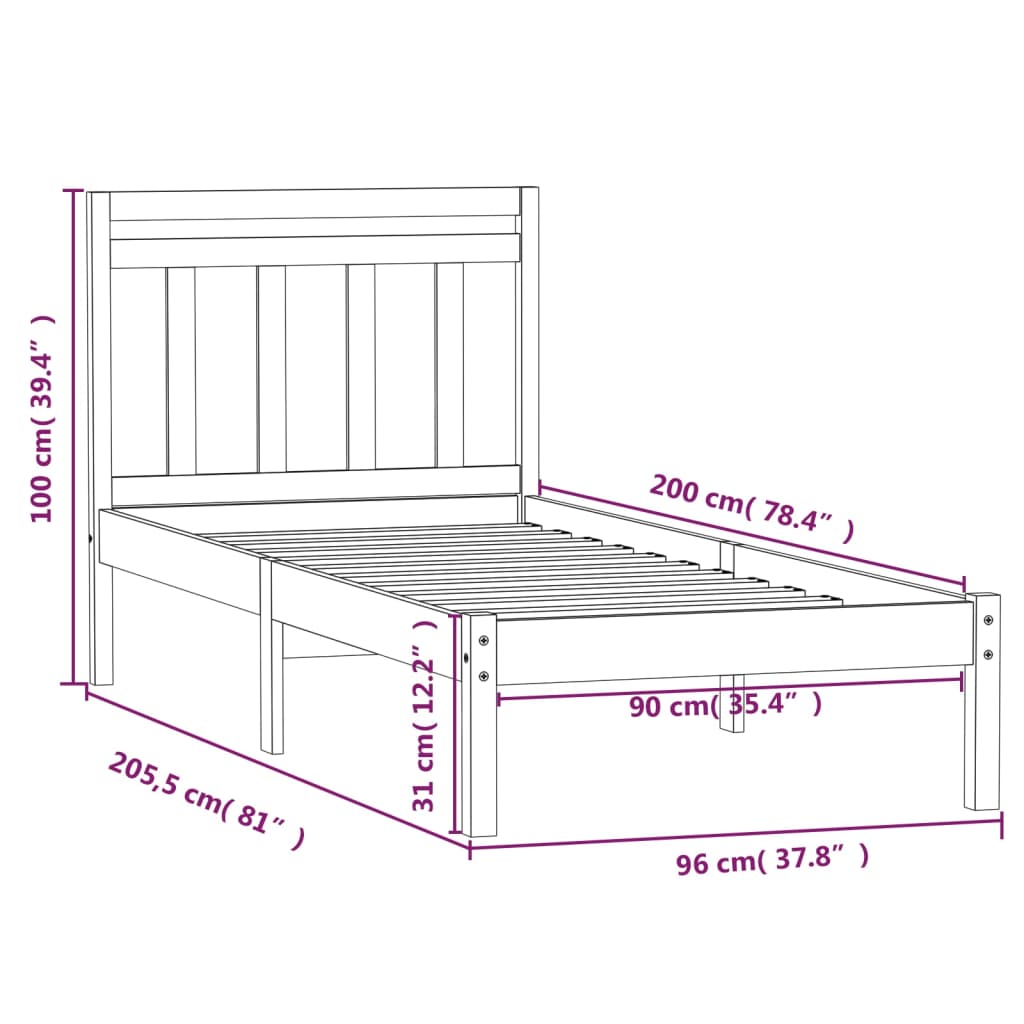 Bed frame in solid pine wood 90x200 cm