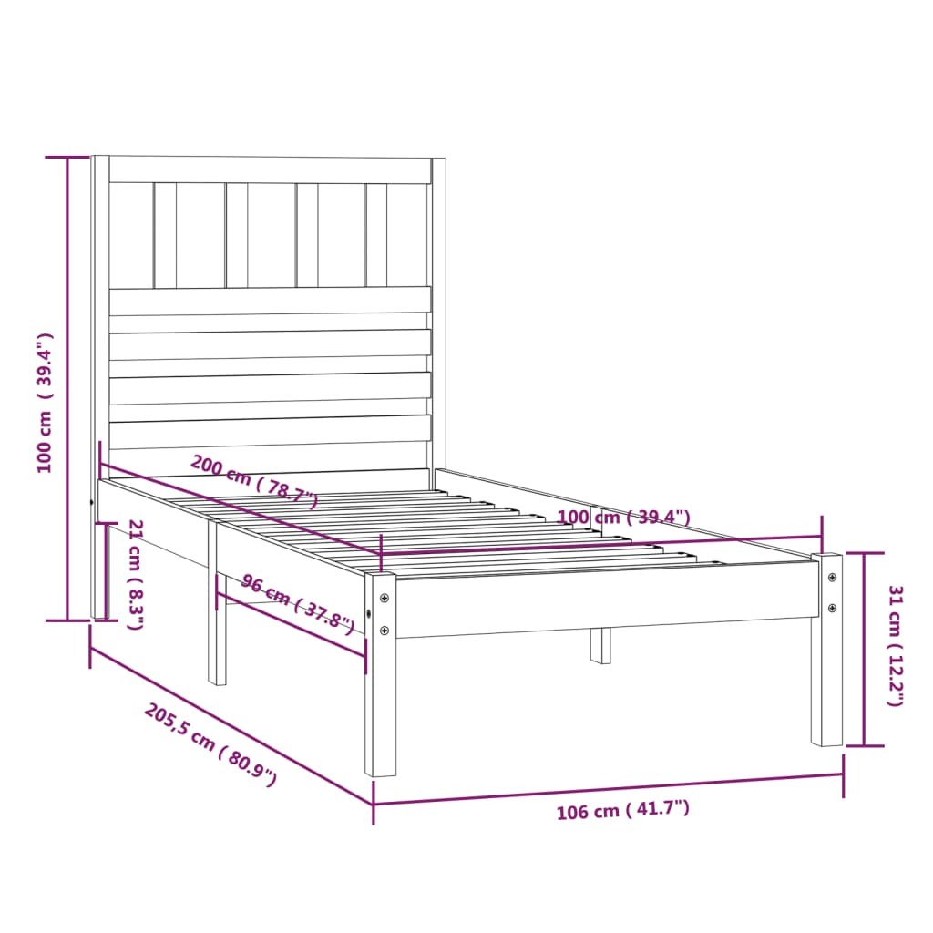 Bed frame in solid pine wood 100x200 cm