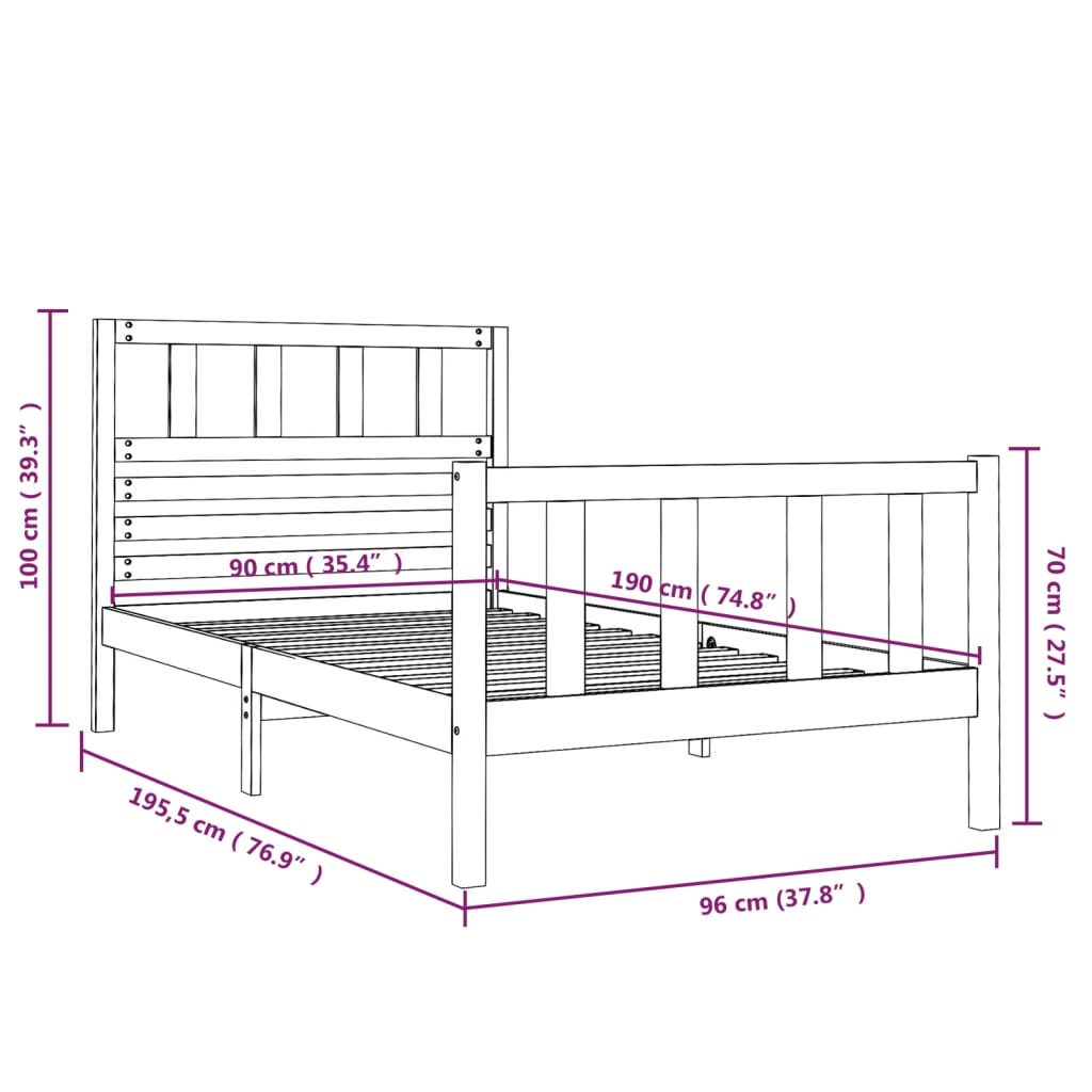 Schwarzer Bettrahmen 90x190 cm Einzelbett aus Massivholz