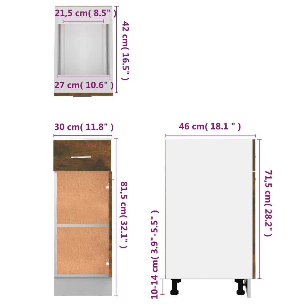 Schrank mit Schublade, geräucherte Eiche, 30 x 46 x 81,5 cm, Sperrholz