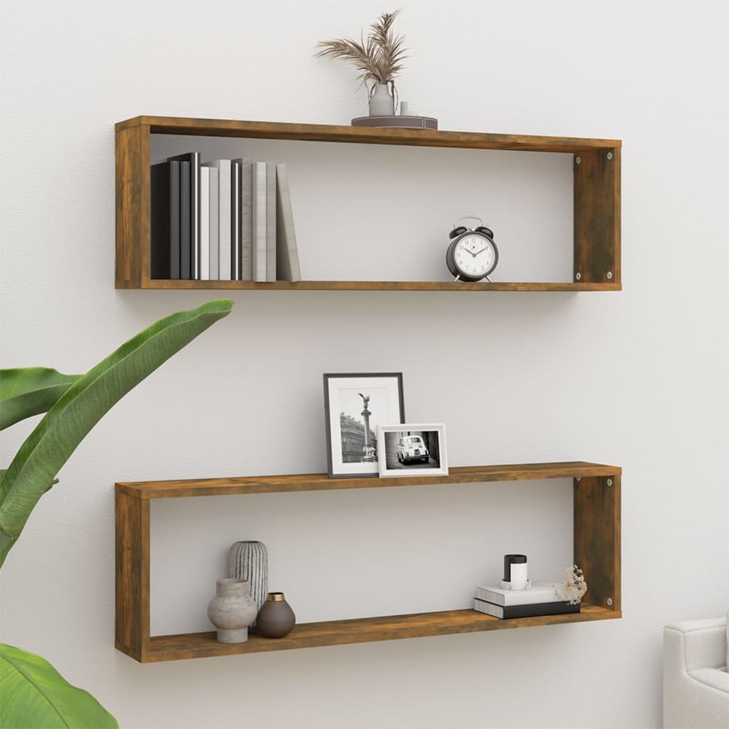 Mensole Parete Cubo 2pz Rovere Fumo 100x15x30 Legno Multistrato | homemem39