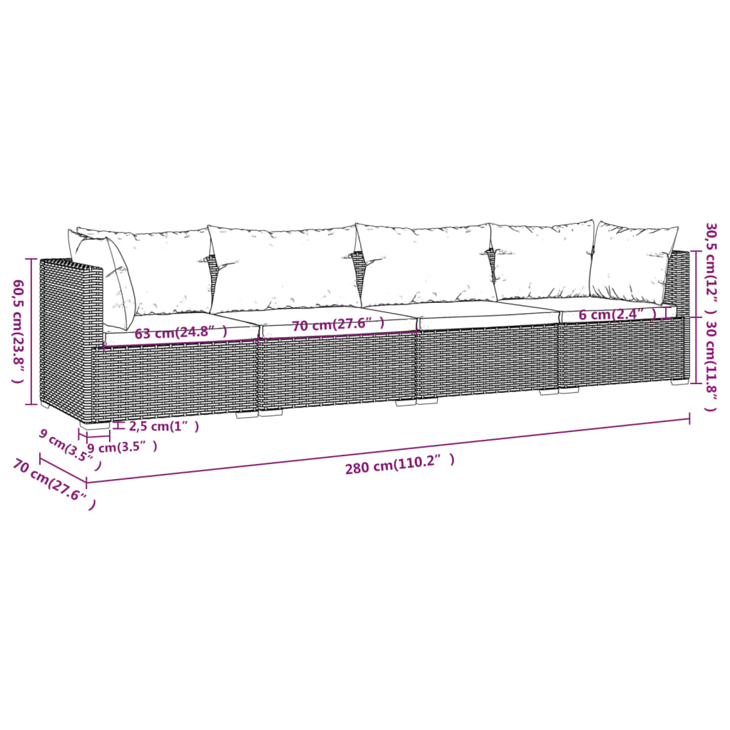 Set Divani da Giardino 4 pz con Cuscini in Polyrattan Nero | homemem39