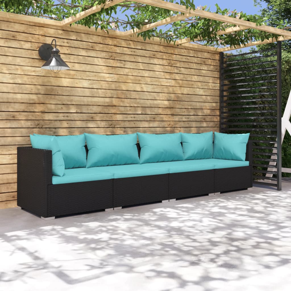 Set Divani da Giardino 4 pz con Cuscini in Polyrattan Nero | homemem39