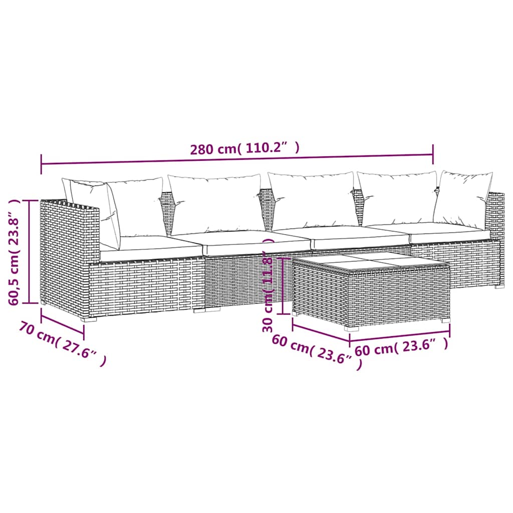 Set Divani da Giardino 5 pz con Cuscini in Polyrattan Nero