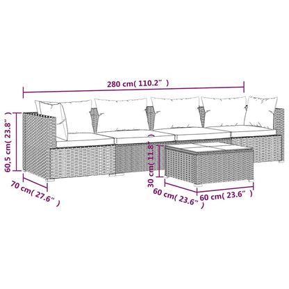Set Divani da Giardino 5 pz con Cuscini in Polyrattan Nero