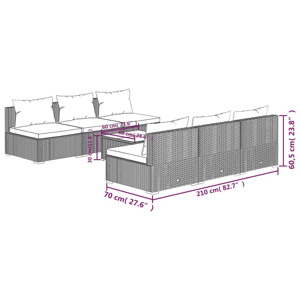 Set Divani da Giardino 7 pz con Cuscini in Polyrattan Grigio | homemem39