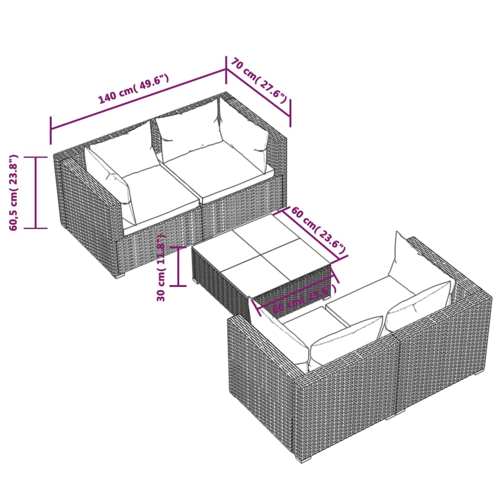 Set Divani da Giardino 5 pz con Cuscini in Polyrattan Nero | homemem39