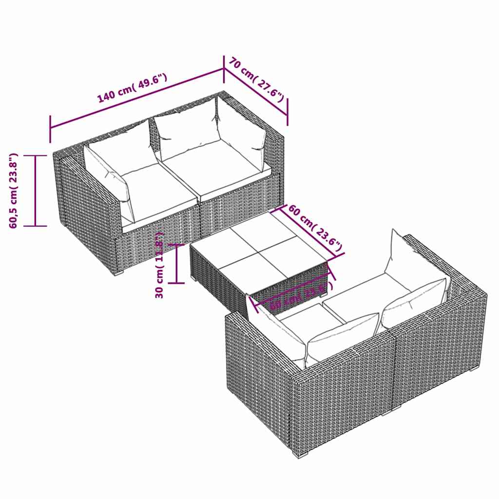 Set Divani da Giardino 5 pz con Cuscini in Polyrattan Nero
