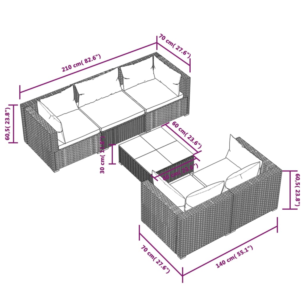 Set Mobili da Giardino 6 pz con Cuscini in Polyrattan Nero | homemem39