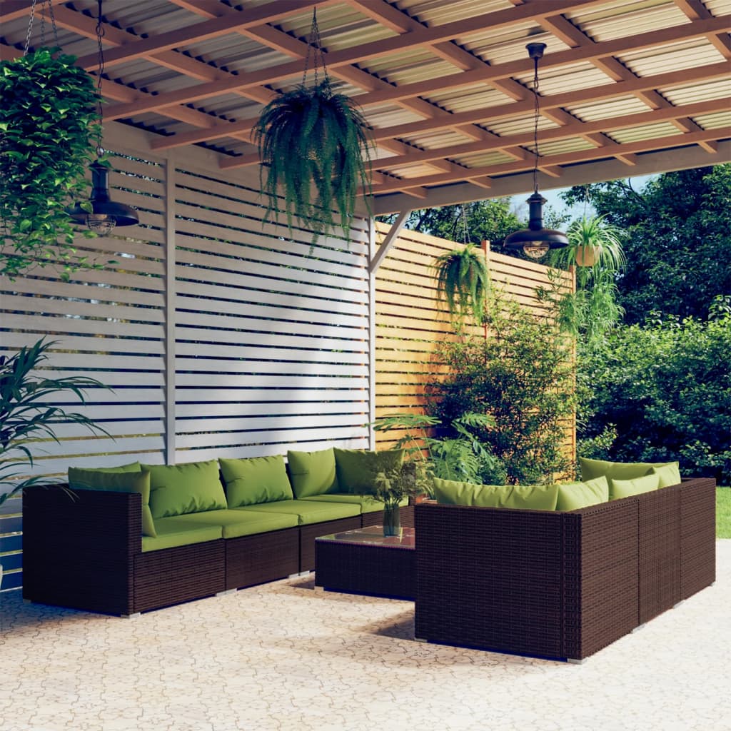 Set Divani da Giardino 8 pz con Cuscini in Polyrattan Marrone | homemem39