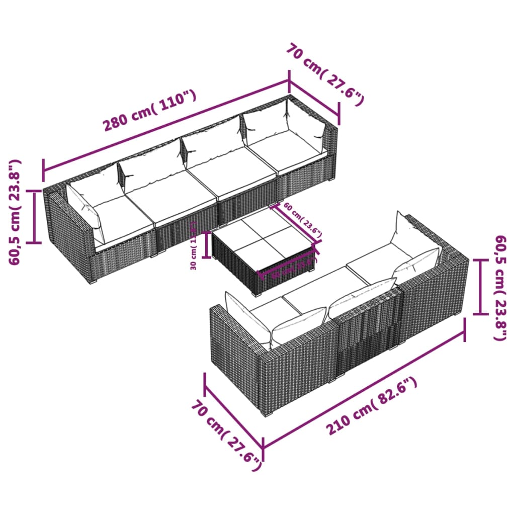 Set Divani da Giardino 8 pz con Cuscini in Polyrattan Grigio | homemem39