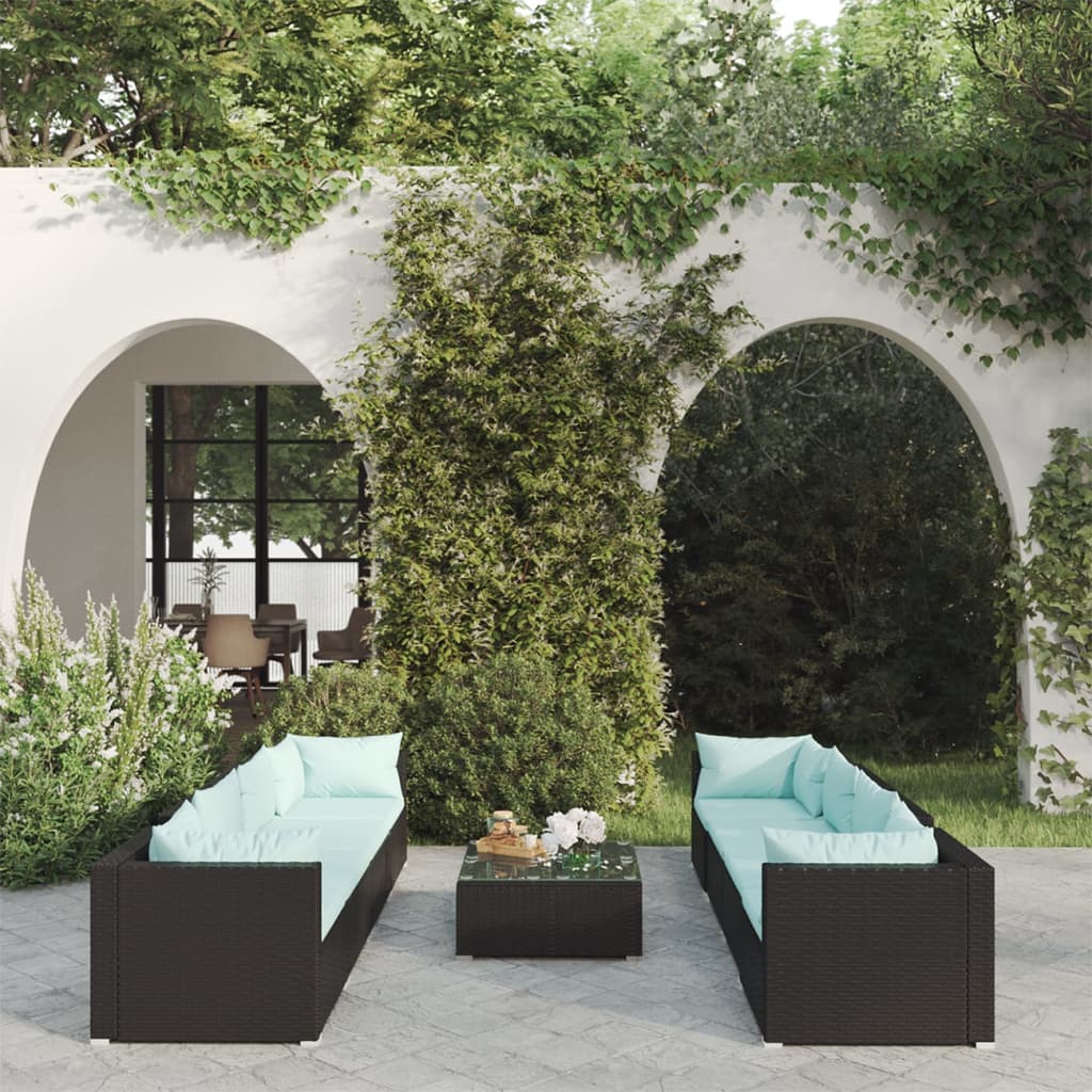 Set Divani da Giardino 9 pz con Cuscini in Polyrattan Nero | homemem39