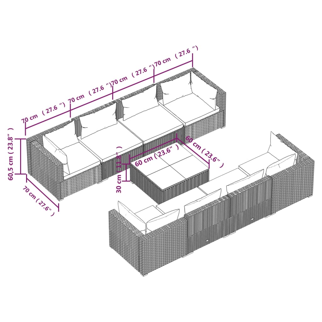 Set Divani da Giardino 9 pz con Cuscini in Polyrattan Grigio | homemem39