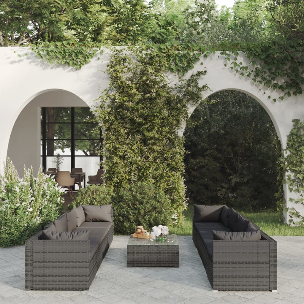 Set Divani da Giardino 9 pz con Cuscini in Polyrattan Grigio | homemem39