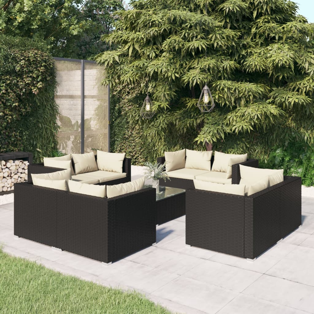 Set Divani da Giardino 9 pz con Cuscini in Polyrattan Nero | homemem39