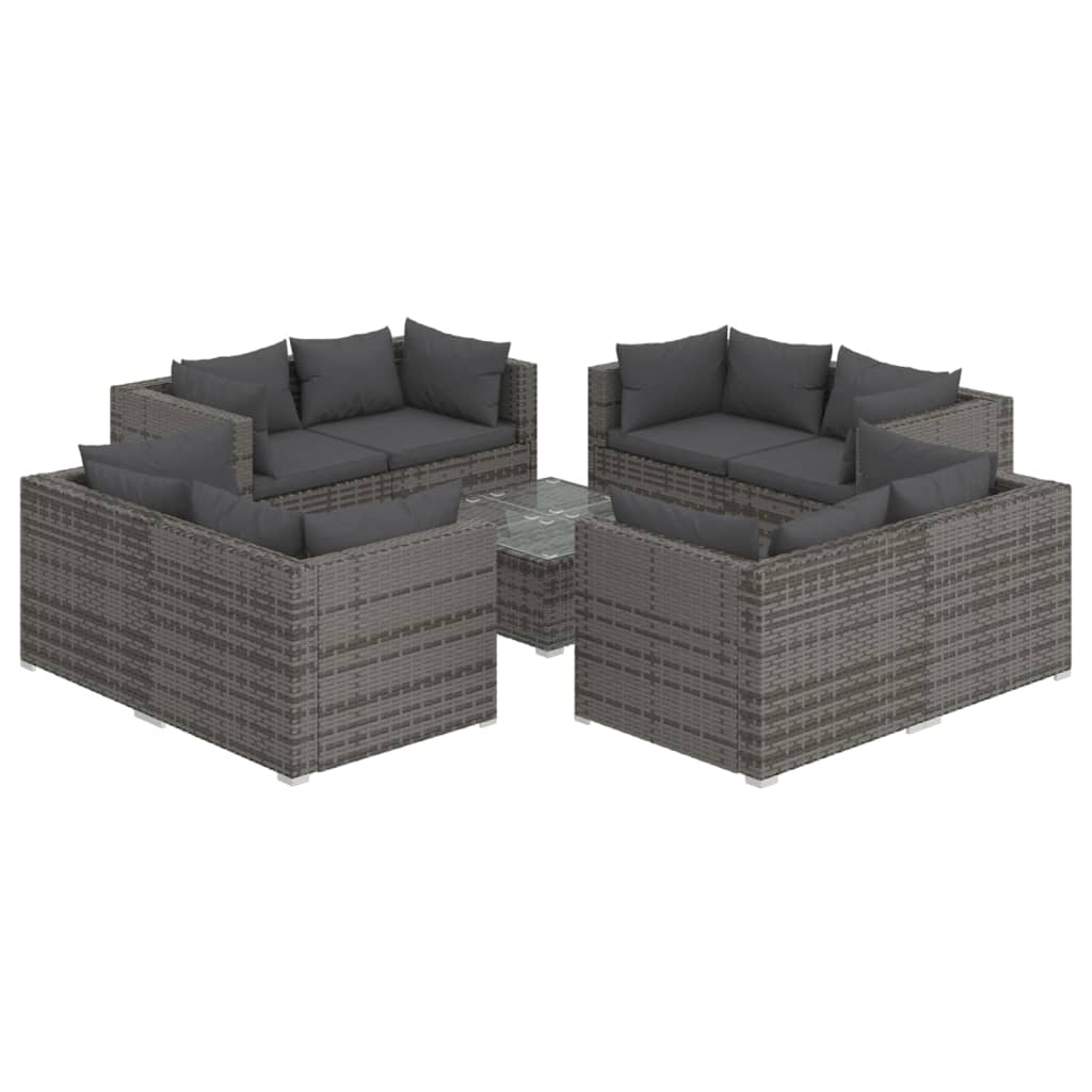 Set Divani da Giardino 9 pz con Cuscini in Polyrattan Grigio | homemem39