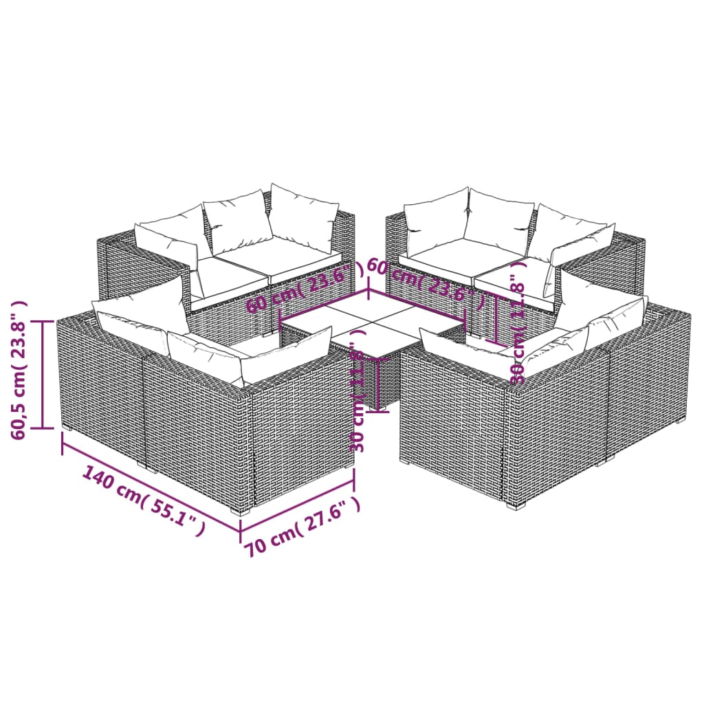 Set Divani da Giardino 9 pz con Cuscini in Polyrattan Grigio | homemem39