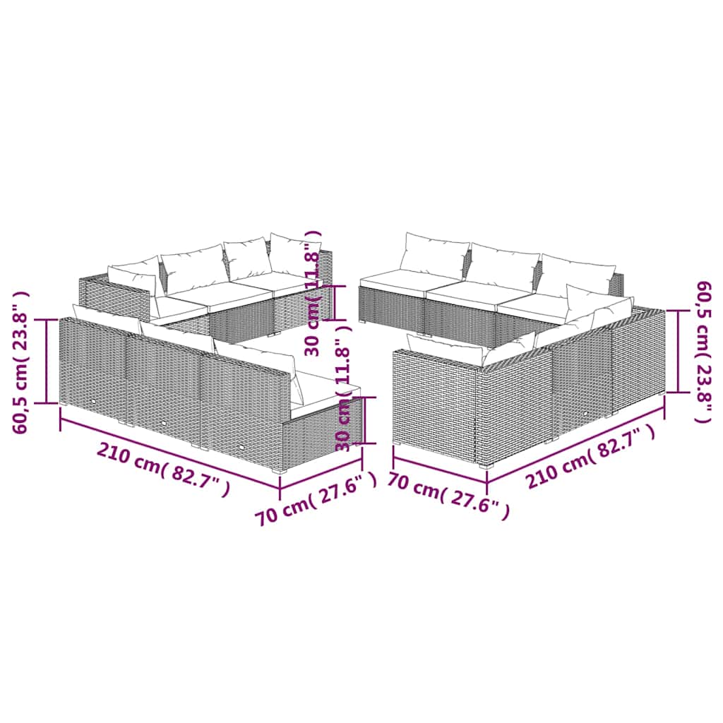 Set Divani da Giardino 12 pz con Cuscini in Polyrattan Marrone
