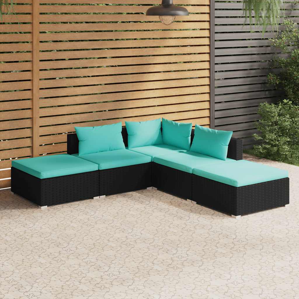 Set Divani da Giardino 5 pz con Cuscini in Polyrattan Nero | homemem39