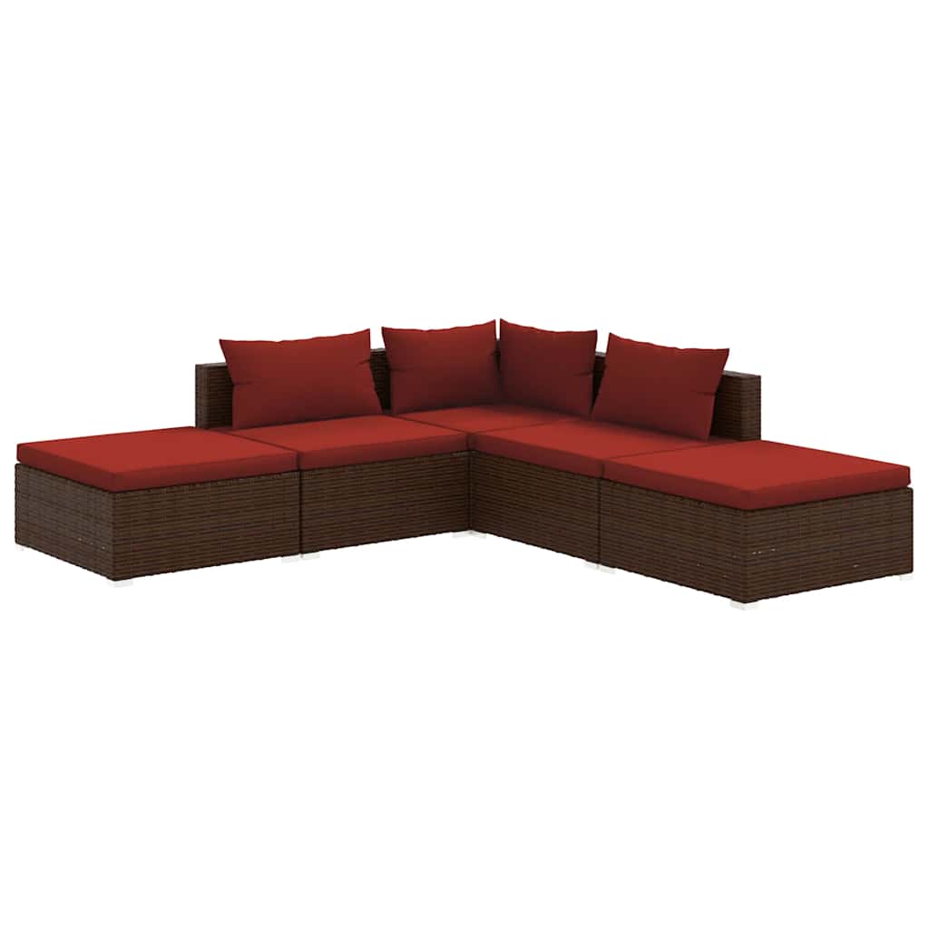 Set Divani da Giardino 5 pz con Cuscini in Polyrattan Marrone | homemem39