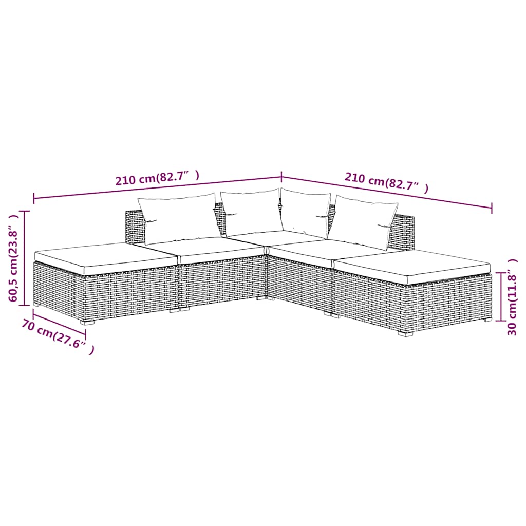 Set Divani da Giardino 5 pz con Cuscini in Polyrattan Marrone | homemem39