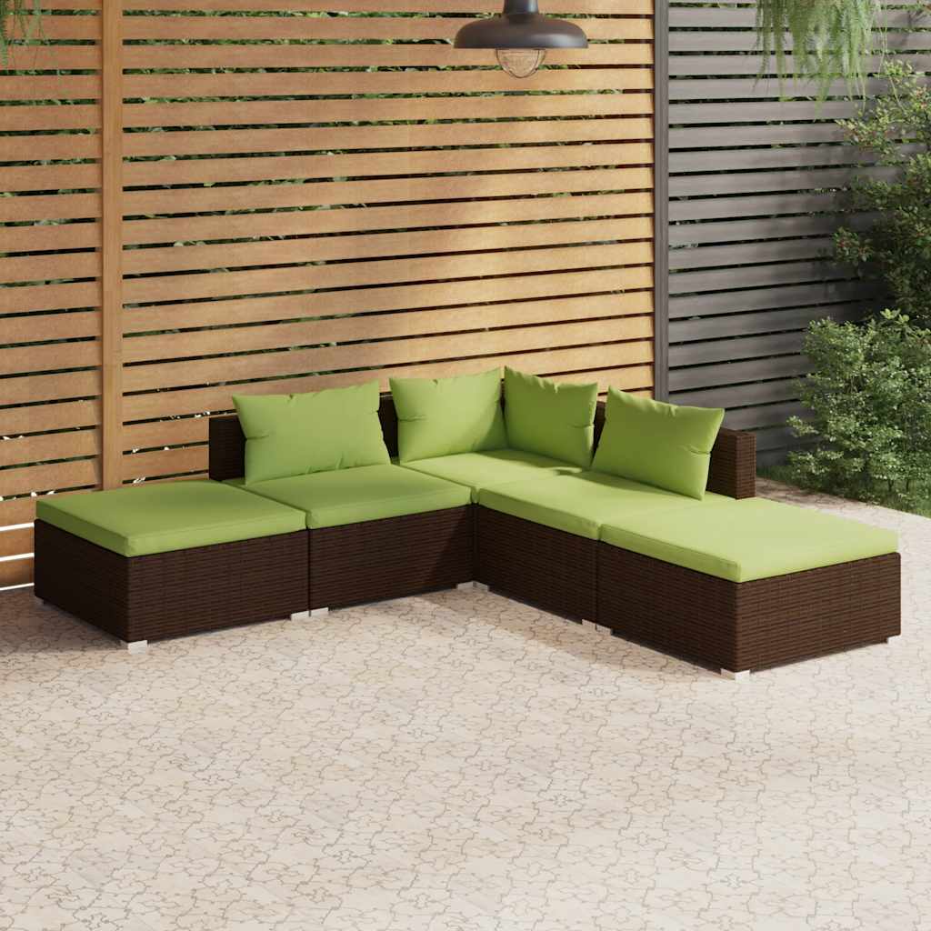 Set Divani da Giardino 5 pz con Cuscini in Polyrattan Marrone | homemem39