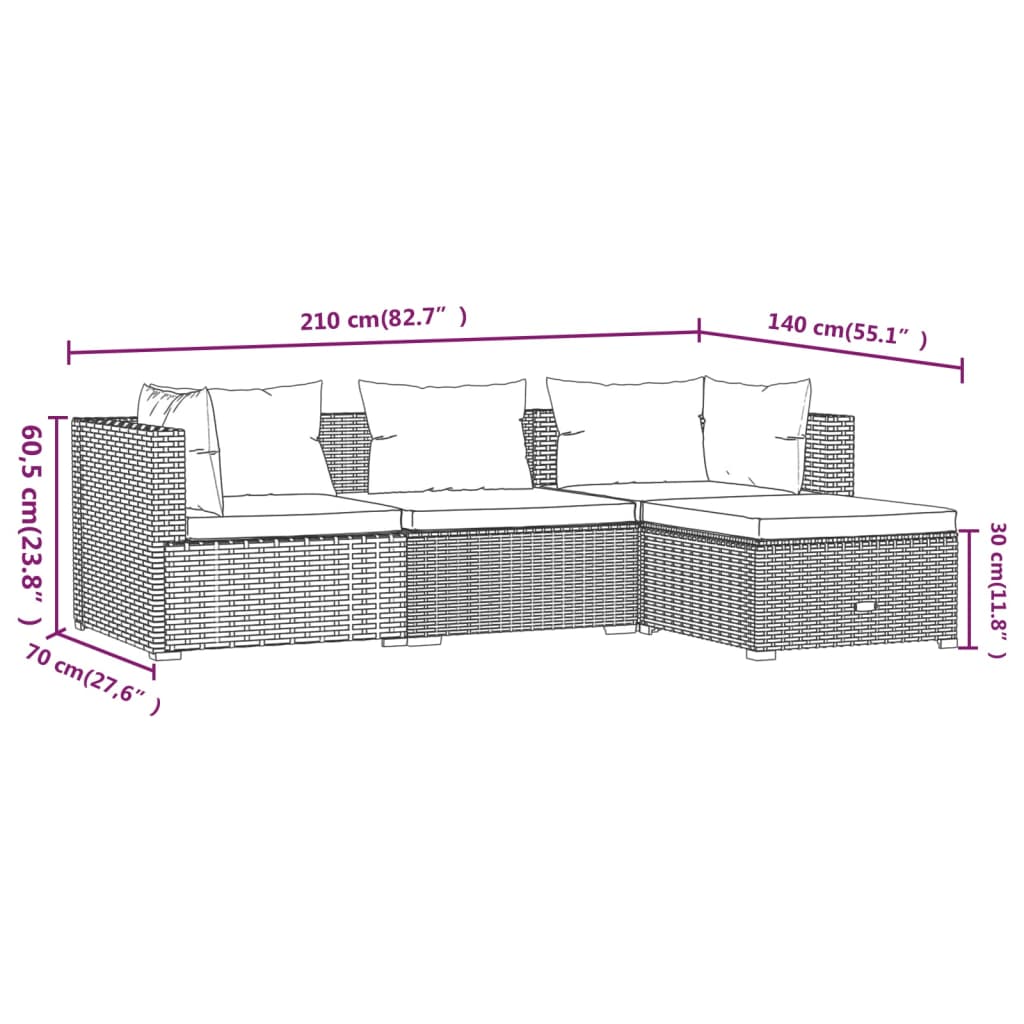 Set Divani da Giardino 4 pz con Cuscini in Polyrattan Marrone | homemem39