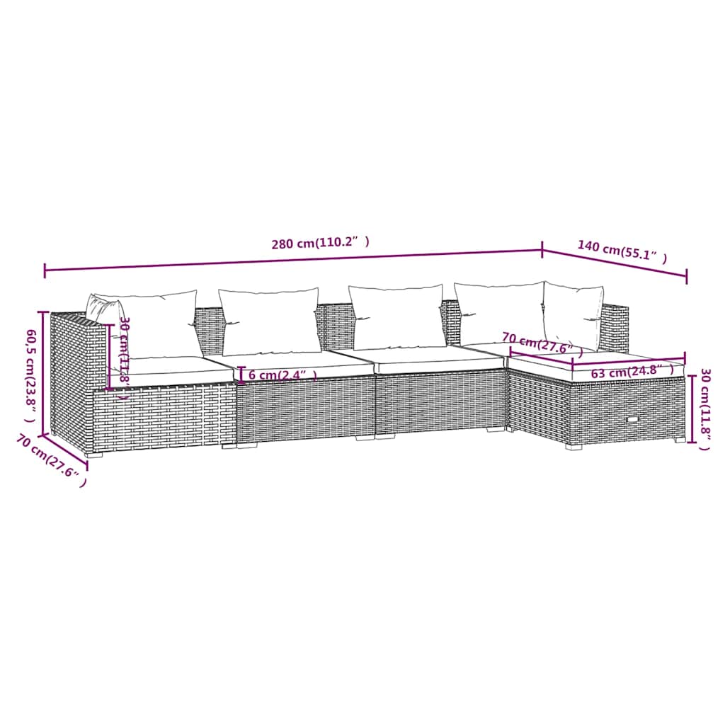Set Divani da Giardino 5 pz con Cuscini in Polyrattan Marrone | homemem39