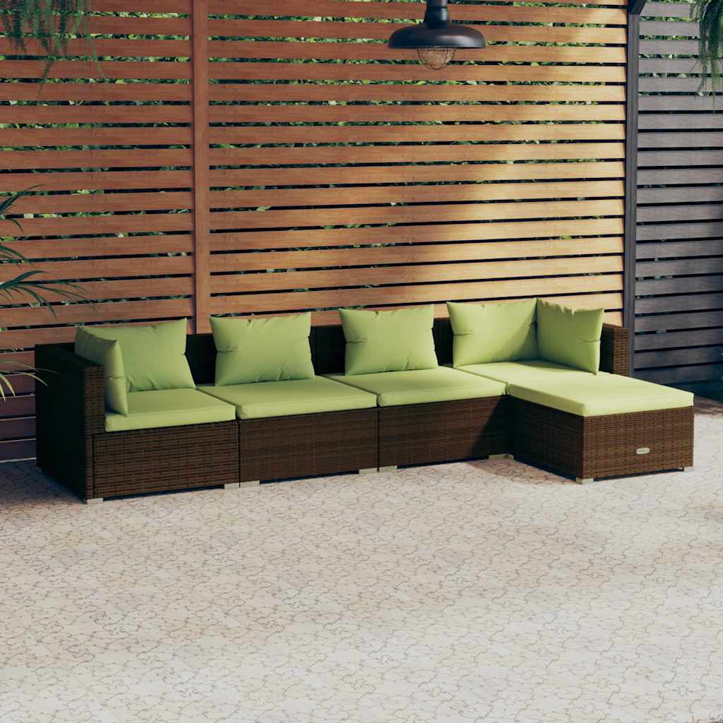 Set Divani da Giardino 5 pz con Cuscini in Polyrattan Marrone | homemem39