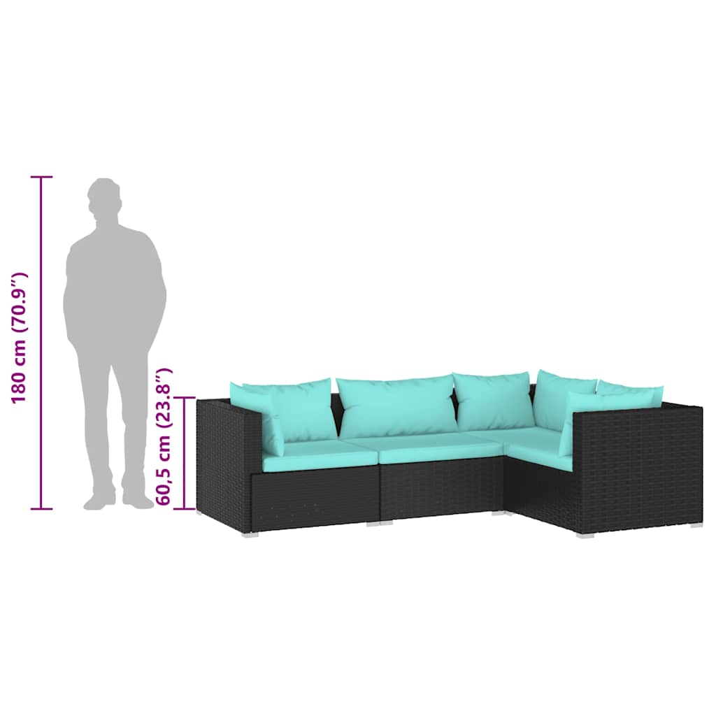 Set Divani da Giardino 4 pz con Cuscini in Polyrattan Nero - homemem39